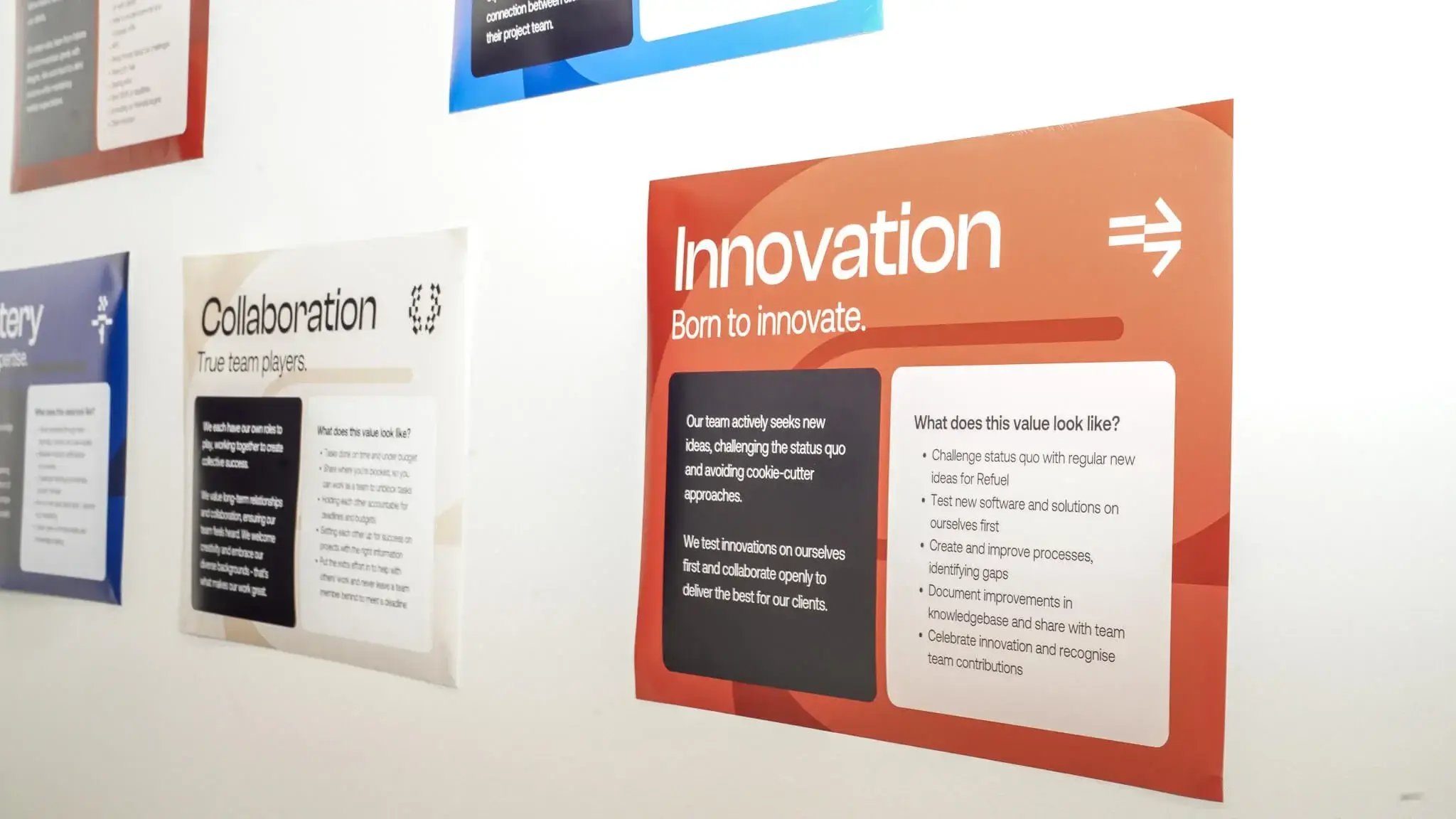 Innovation poster displaying Refuel team values with "Born to innovate" tagline and collaborative workspace elements"