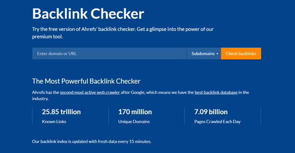 Screenshot of the Ahrefs backlink checker