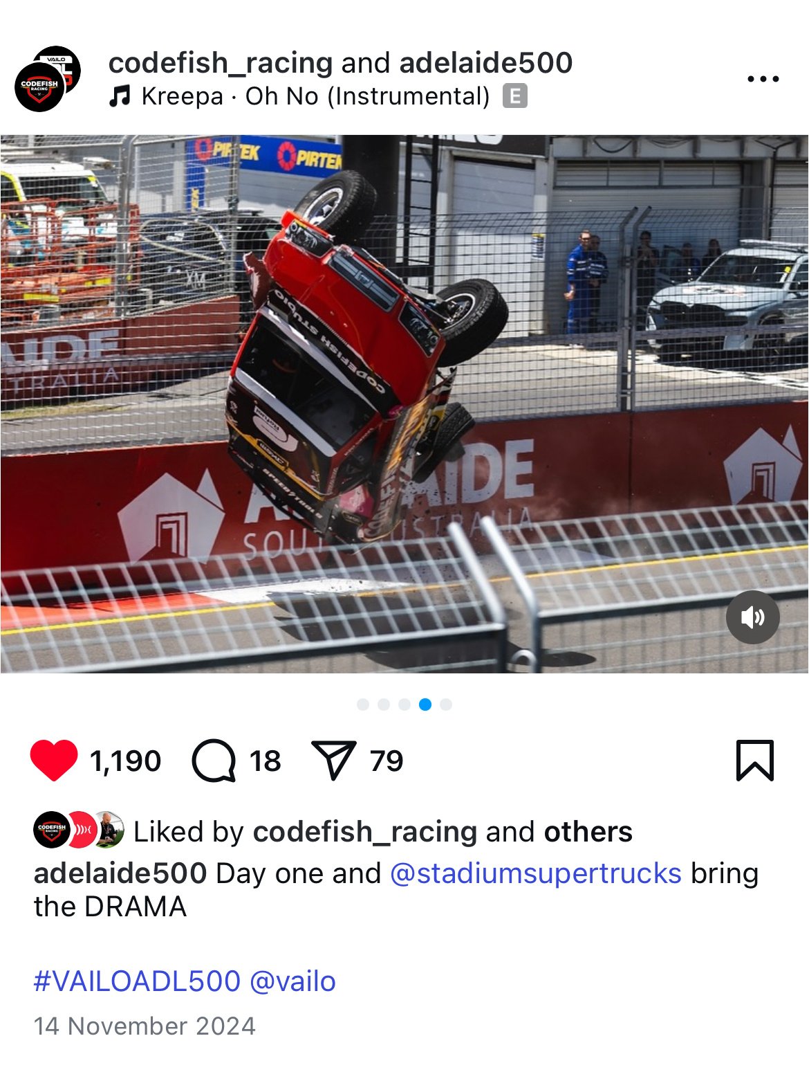 Stadium Super Truck flips sideways against barrier during Adelaide 500 race. Day one drama captured at VAILOADL500 event draws 1,190 likes on social media. A dramatic motorsport moment shared by codefish_racing and Adelaide500.