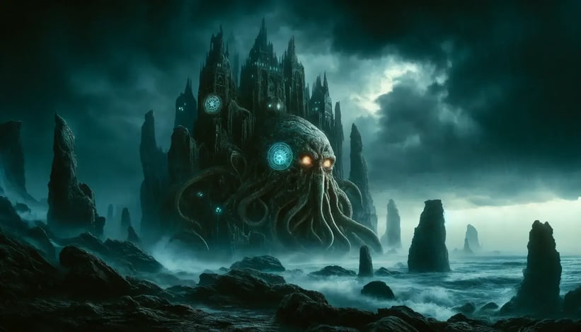 DALL·E 2024-05-24 11.39.19 - An almost horrifying scene inspired by H.P. Lovecraft_ a dark, eerie coastal landscape under a stormy night sky. Ancient, crumbling ruins with arcane