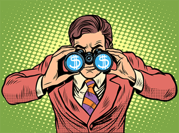 man looking through binoculars with dollar signs