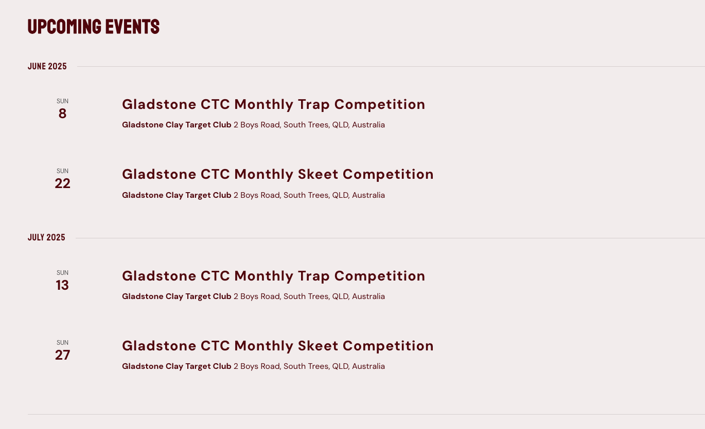 Individual club events on the redesigned Queensland Clay Target Association website