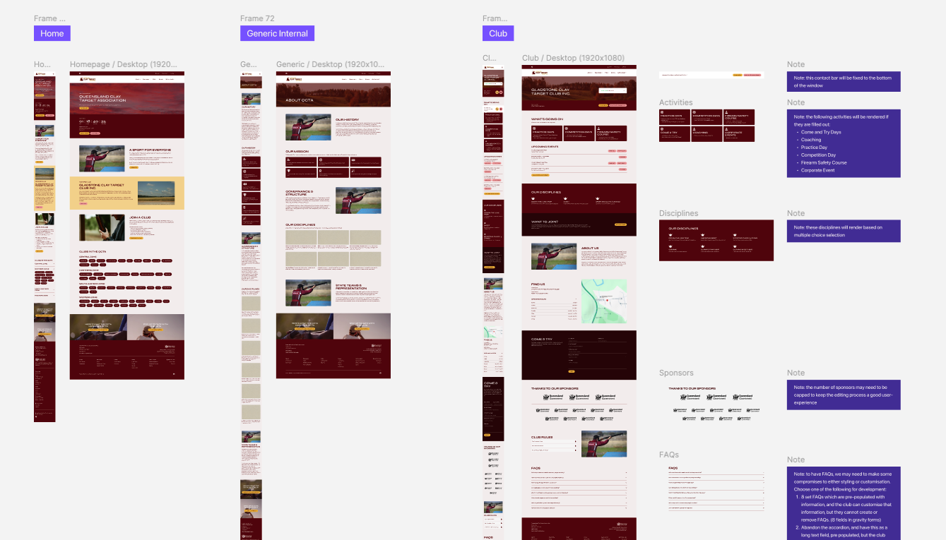 Figma mockups of the Queensland Clay Target website