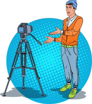 man with hands out presenting a video camera next to him