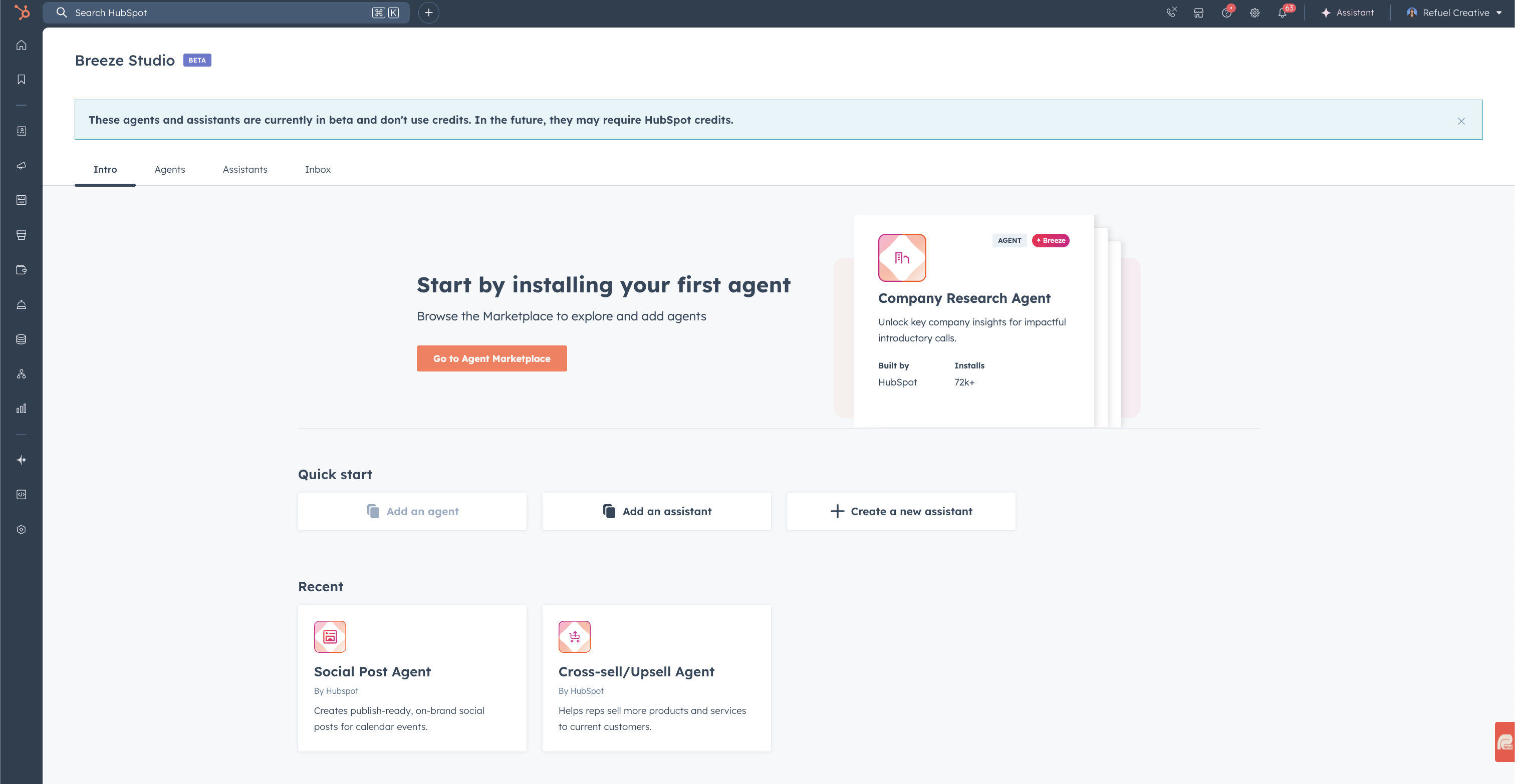 A screenshot of the Breeze Studio page on HubSpot, a central workspace for managing and customising AI agents and assistants.