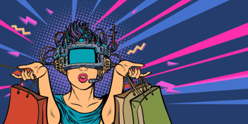 Retro AI woman with shopping bags in both hands