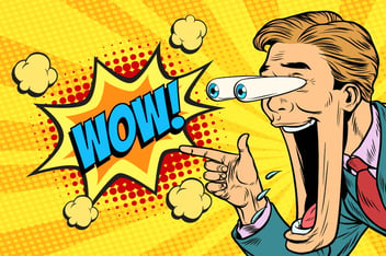 cartoon man with his eyes popping out of his head, amazed, pointing towards a wow speech bubble