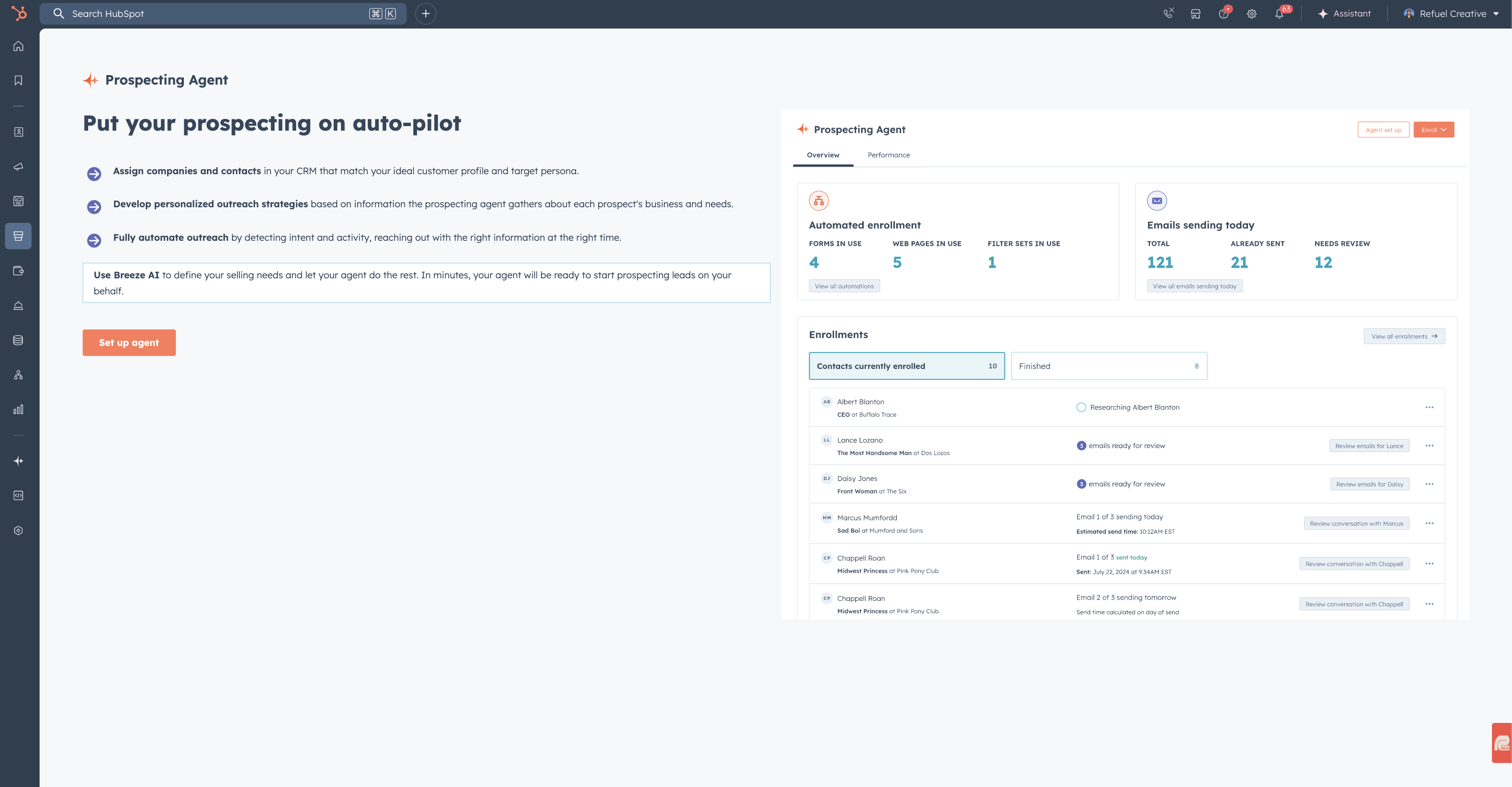 A screenshot of the prospecting agent page on HubSpto