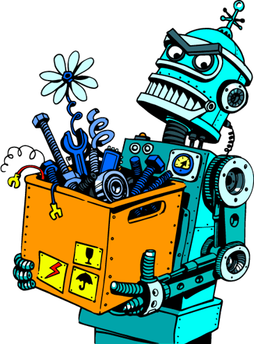animated robot holding a box of various tools and springs