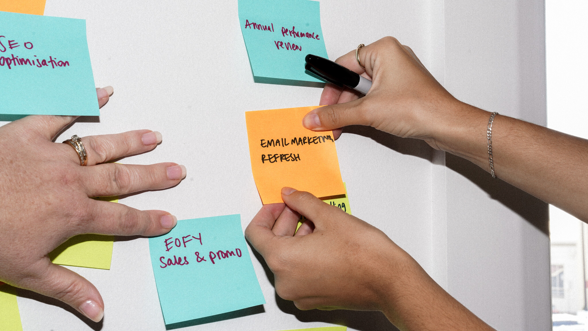 Hands arranging colourful sticky notes on a white wall, with notes showing text like 'Annual Performance Review', 'EOFY Sales & Promo', and 'Email Marketing Refresh'. One hand holds a marker while writing.