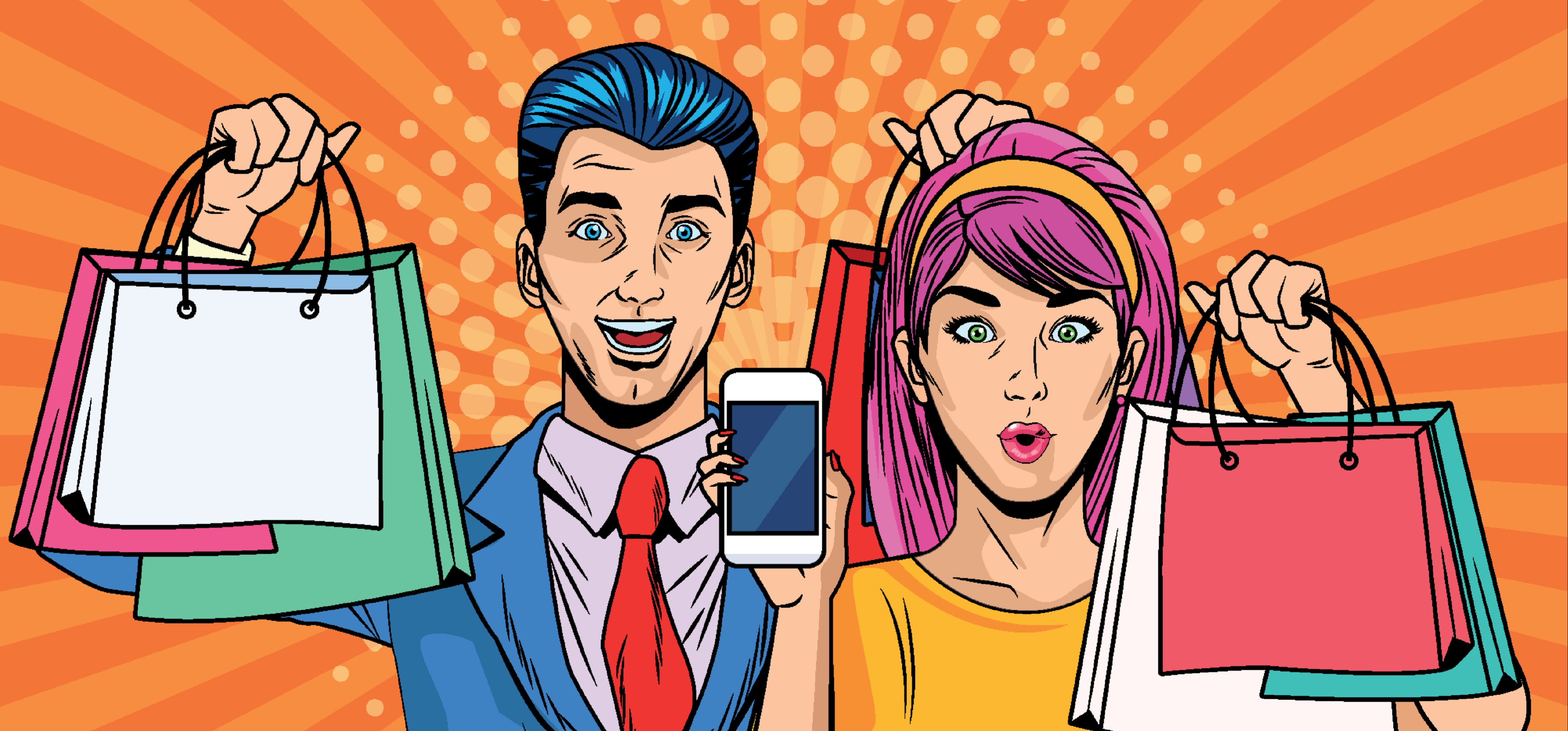 man and woman with shopping bags and mobile phone