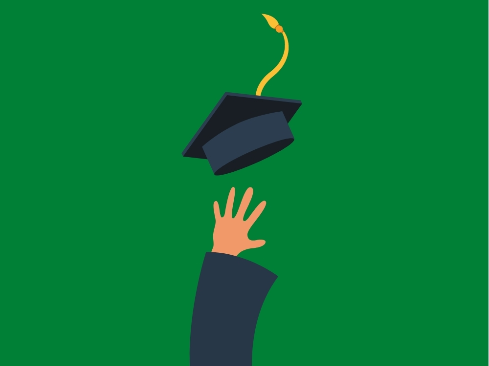 cartoon graduate throwing cap in air