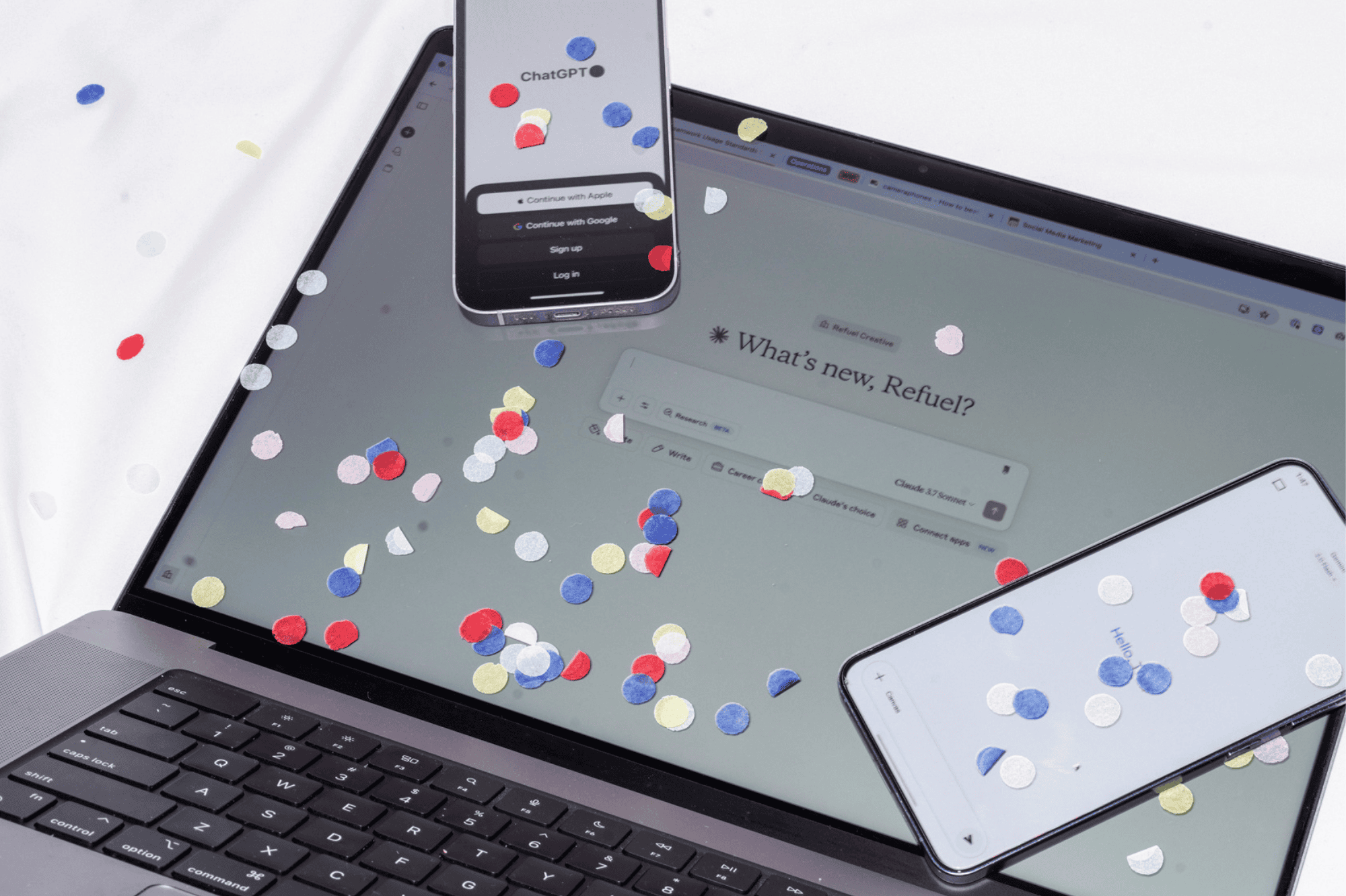 A laptop and phones showing ChatGPT, Gemini, and Claude interfaces with colourful confetti.
