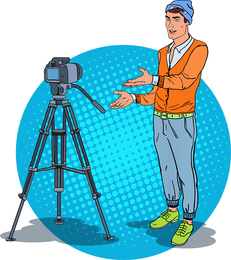 man with hands out presenting a video camera next to him