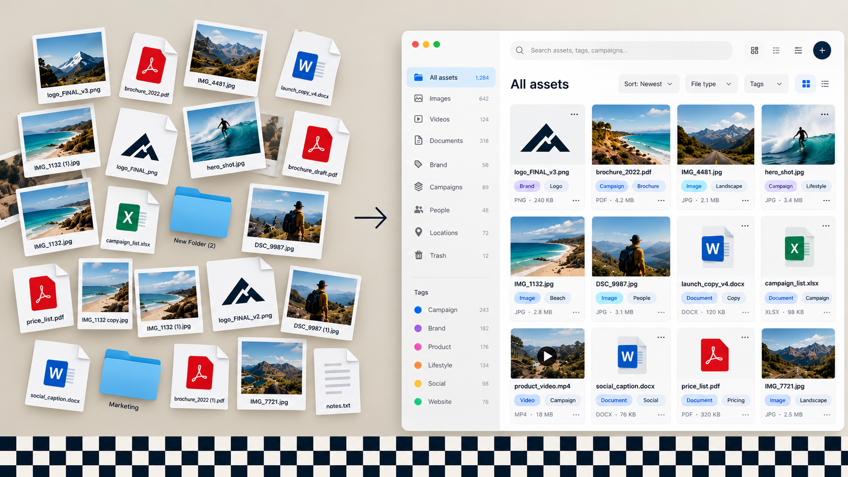 Messy marketing files organised into a digital asset management platform