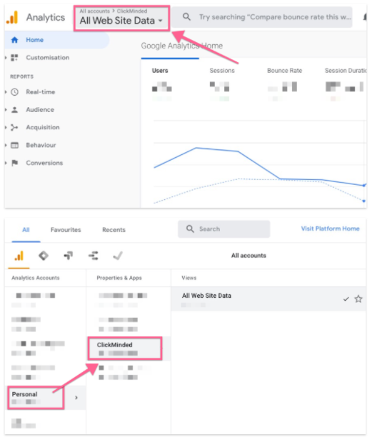 Choosing an account in Google Analytics