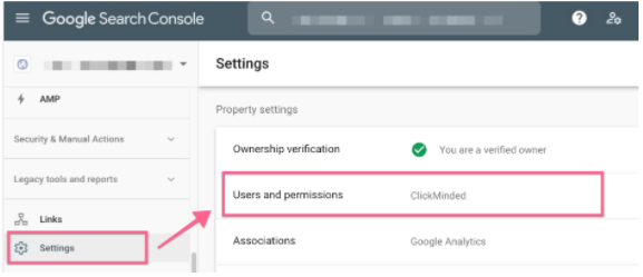Settings screen in Search Console