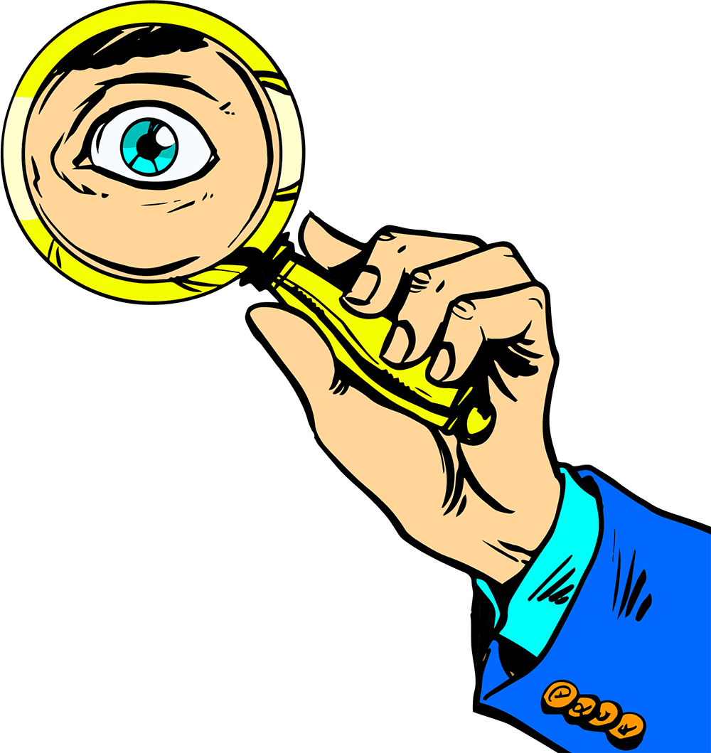 mans hand holding a magnifying glass up to an eye