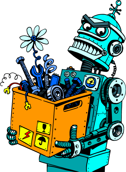 animated robot holding a box of various tools and springs